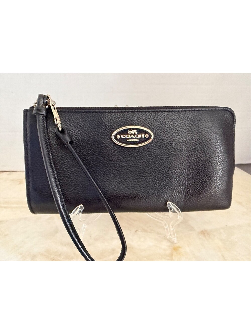 Coach Black Pebbled Leather Large Zip Around Wristlet Wallet L1483-3413